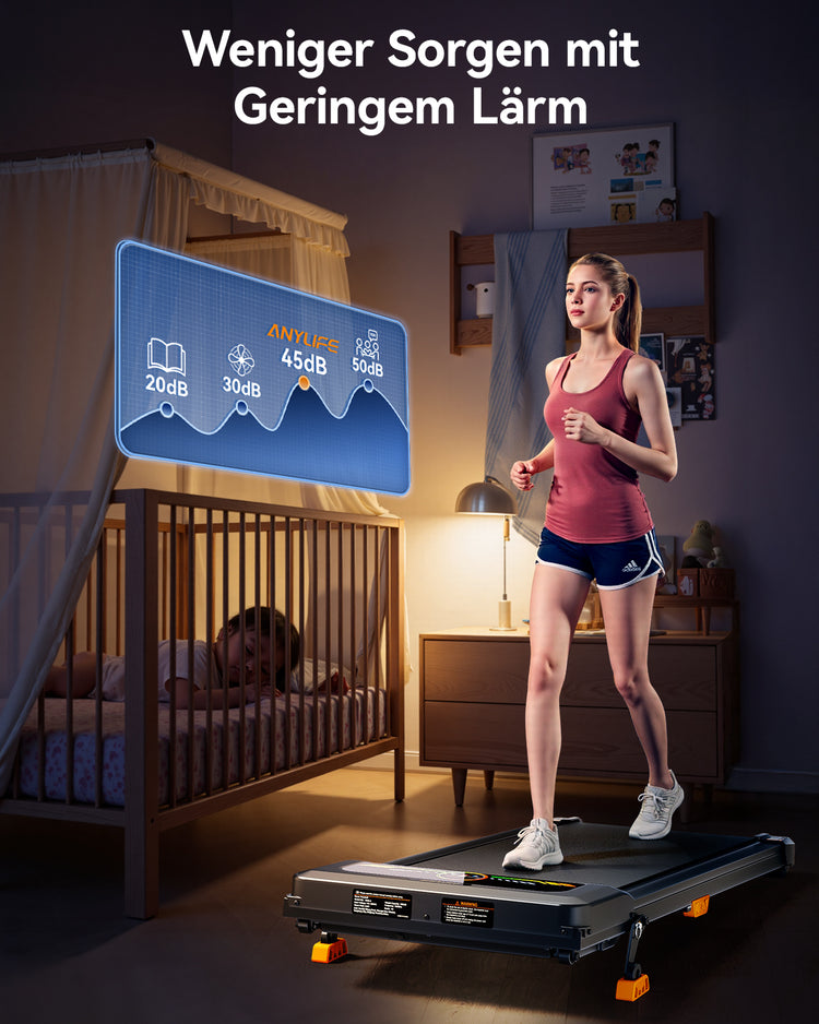 Side view of Anylife Walking Pad highlighting its sturdy construction at 10° incline.