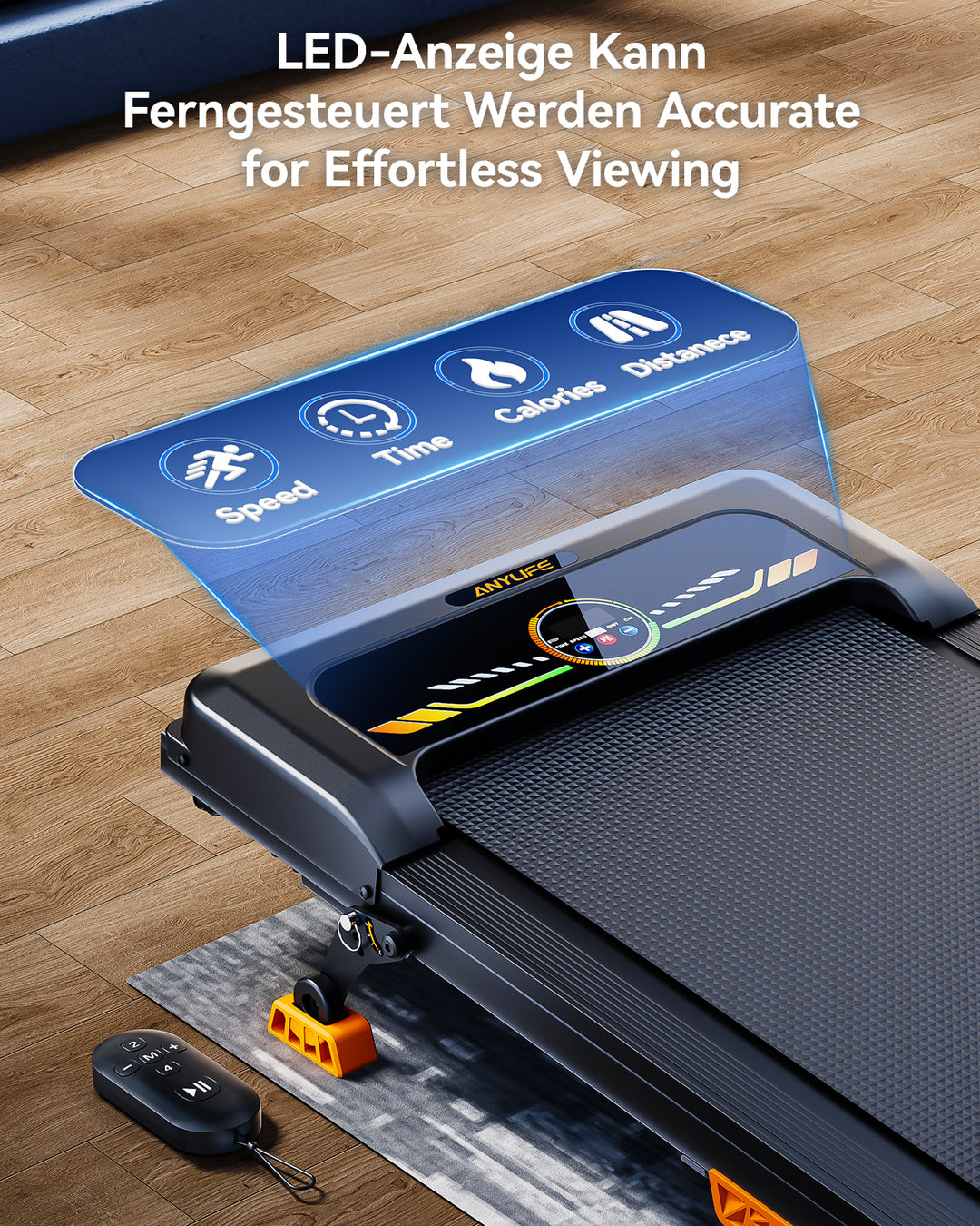 User adjusting settings on the remote control for the 10° incline walking pad.