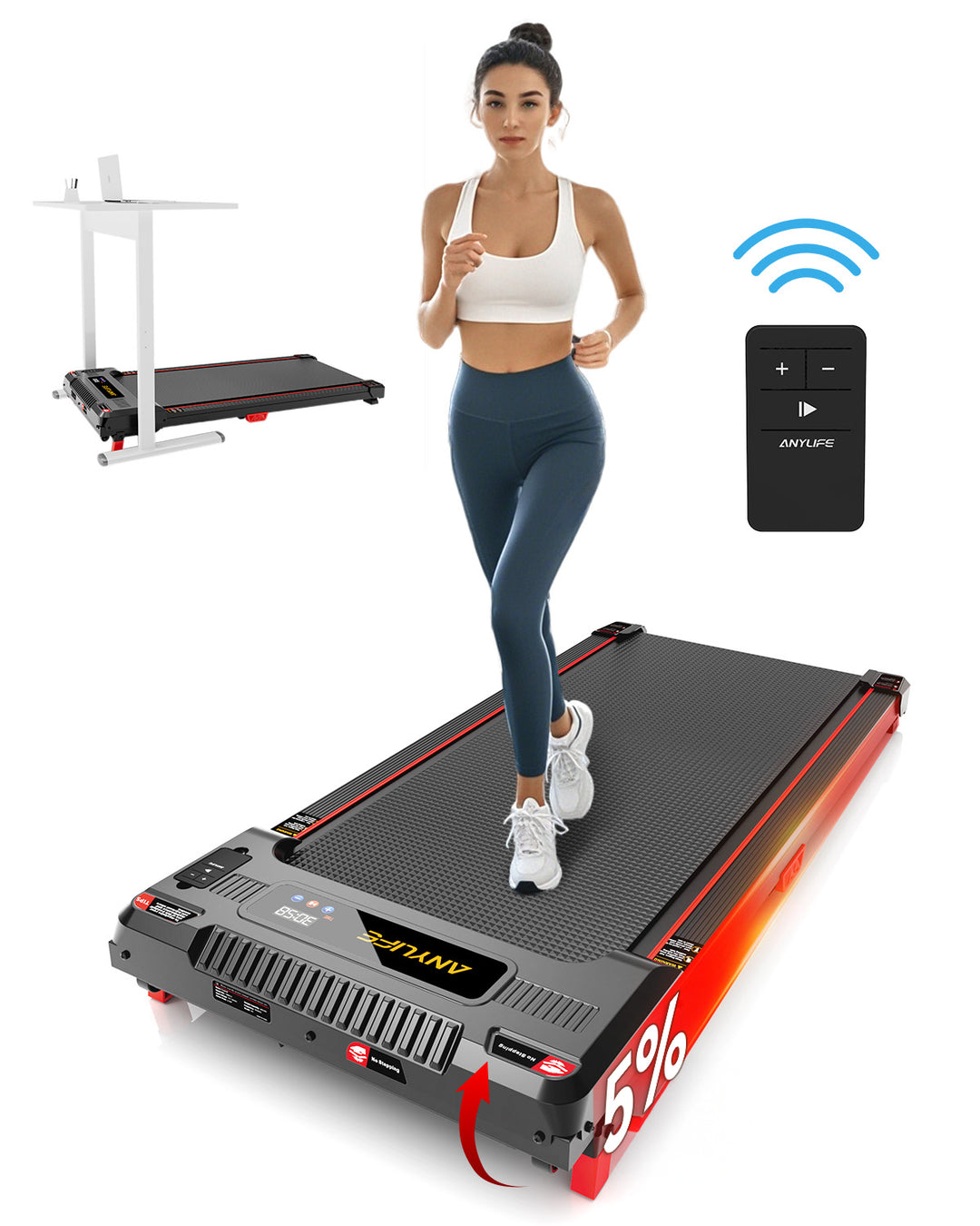 Anylife Portable Incline Walking Pad at 5° incline with LED display.