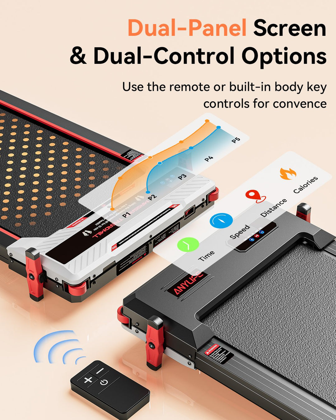 Anylife 2 in 1 Walking Pad Treadmill highlighting its compact and portable design for easy storage