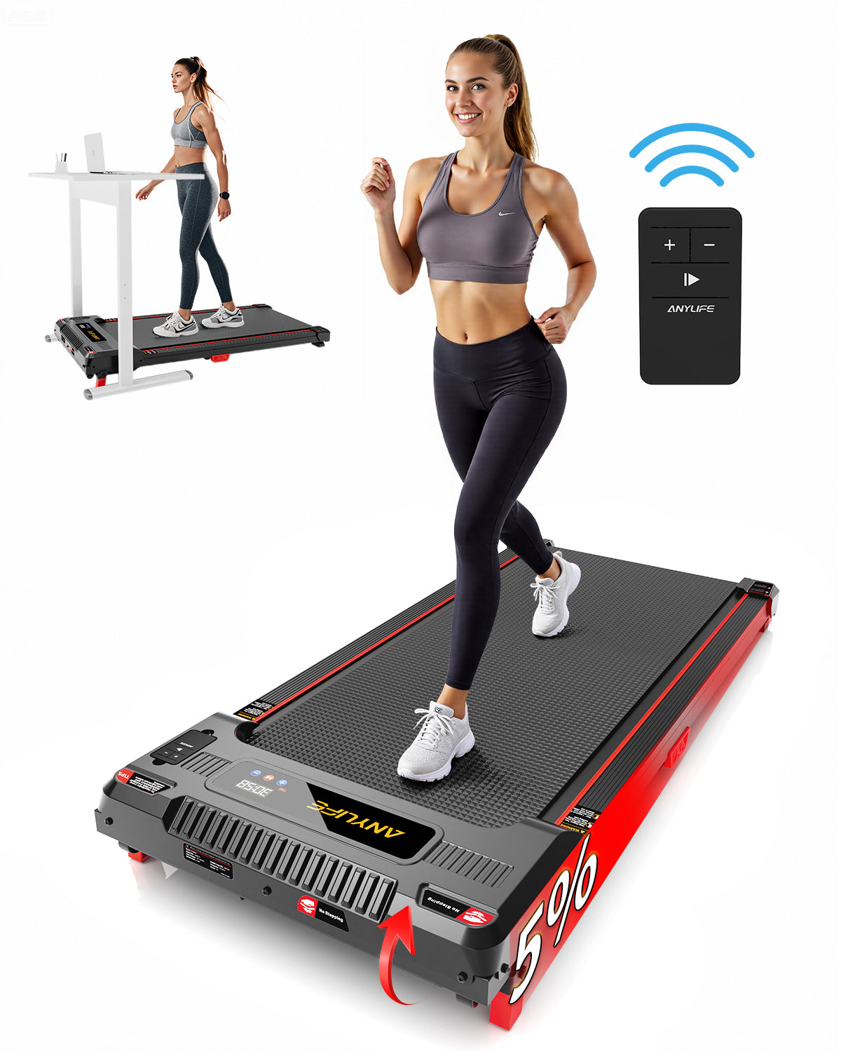 Anylife Portable Incline Walking Pad at 5° incline with LED display.