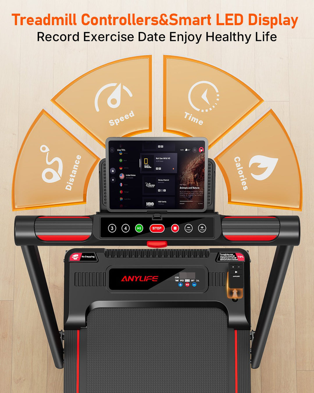Anylife Walking Pad with Handle Bar highlighting the adjustable handle for stability and support